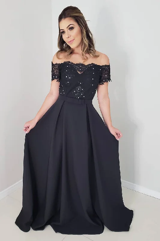 form-fitting dressElegant Off Shoulder Black Long Prom Dress with Lace Top