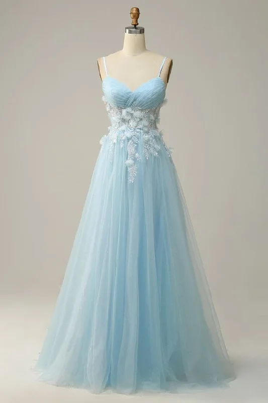 chic dressWomen Sky Blue Spaghetti Straps A Line Tulle Long Prom Dress Y7032