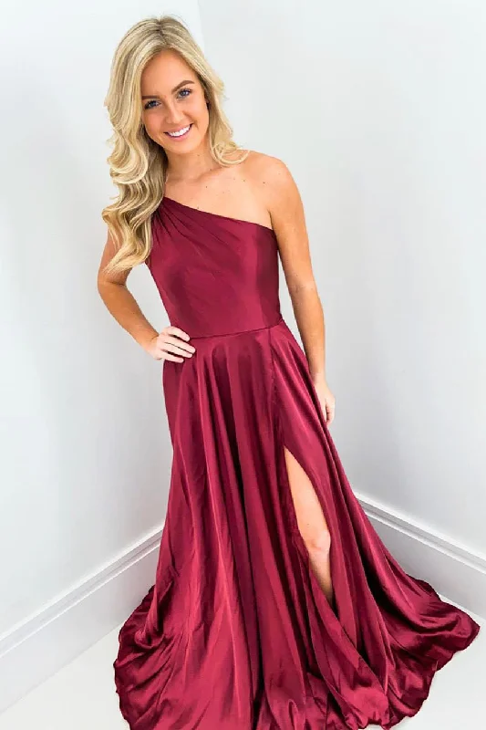 satin dressElegant One Shoulder Wine Red Long Prom Dress with Split