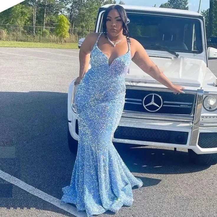 silk dressSexy Plus Size Long Sky Blue Prom Dress For Black Girls Y7033