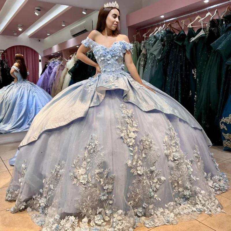 playful dressSky Blue Off The Shoulder Quinceanera Dress Ball Gown 3D Flowers Applique Beads Crystal Tull Sweet 16 Vestidos De XV 15 Anos