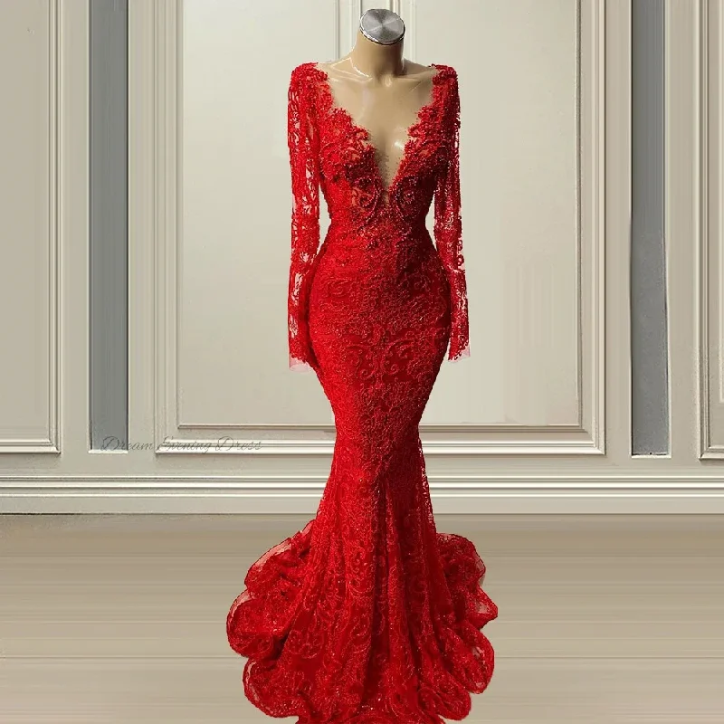 boho-chic dressDream Evening Dress Elegant Deep V-Neck Long Sleeves Buffle Red Porm Dresses Mermaid Applique Beaded Party Gowns For Women