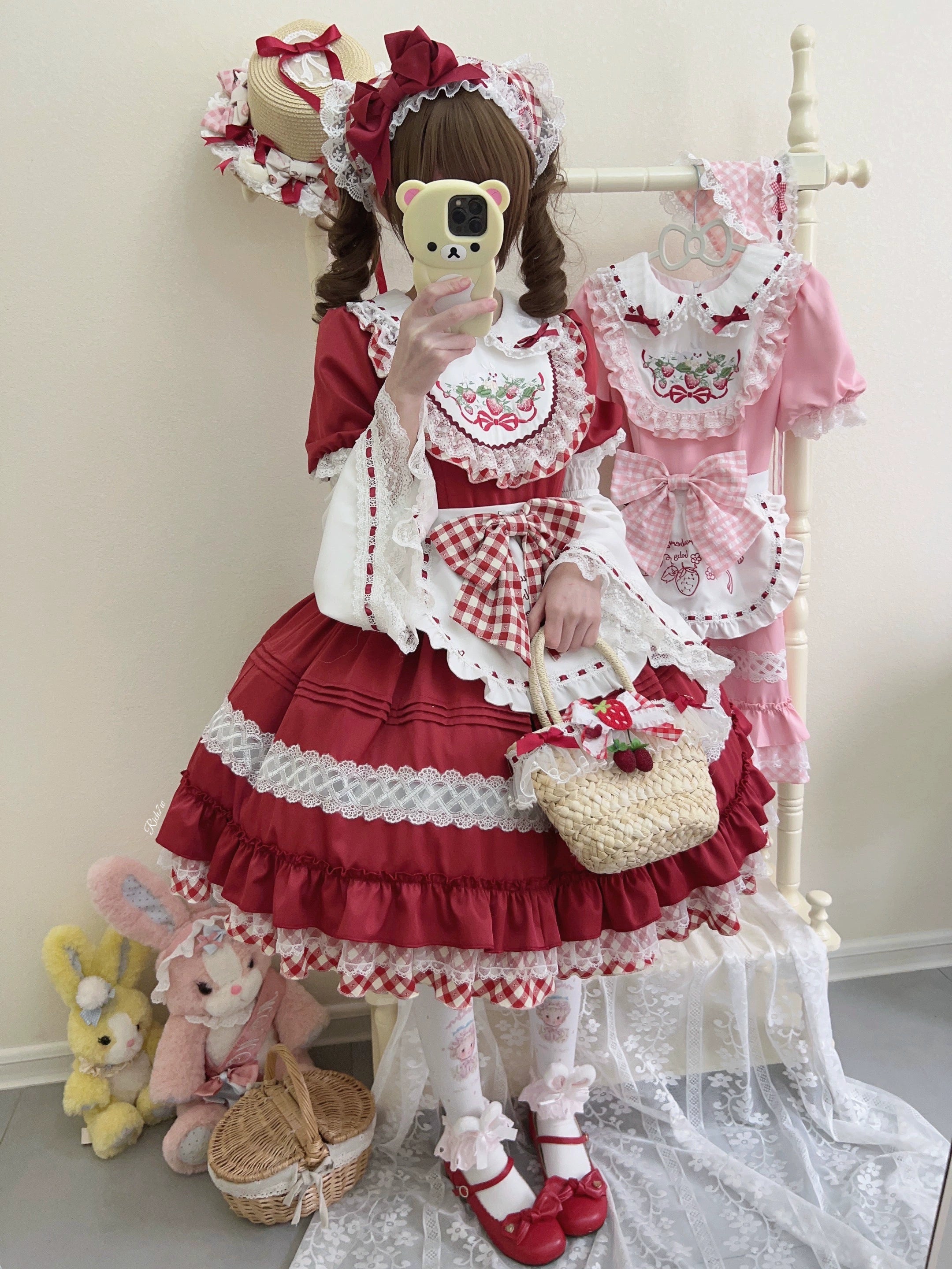 sleek dressSugar Girl~Strawberry Tea~Sweet Red Lolita OP Dress Short Sleeve Apron Dress