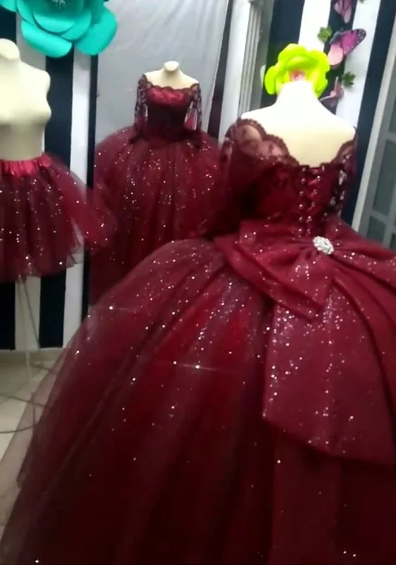 flowy evening dressBurgundy Ball Gowns Off the Shoulder Prom Dresses Quinceanera Dresses Y6953