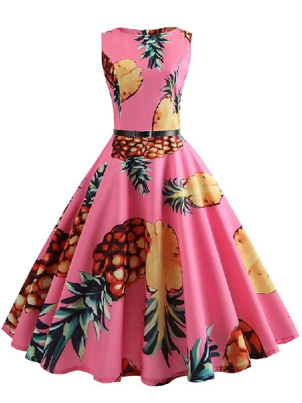 romantic dressBerriesJam - 2024 Pineapple Print Pin Up Sleeveless A-Line Midi Party Dress