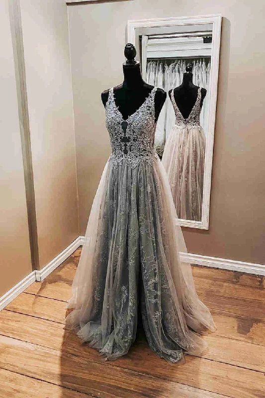 casual slip dressElegant Backless Grey Lace Formal Dress