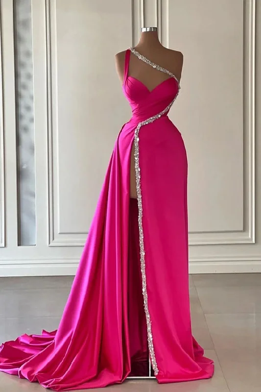 satin midi dressEvening Dress Fuchsia Long One Shoulder With Slit Pleated Beadings