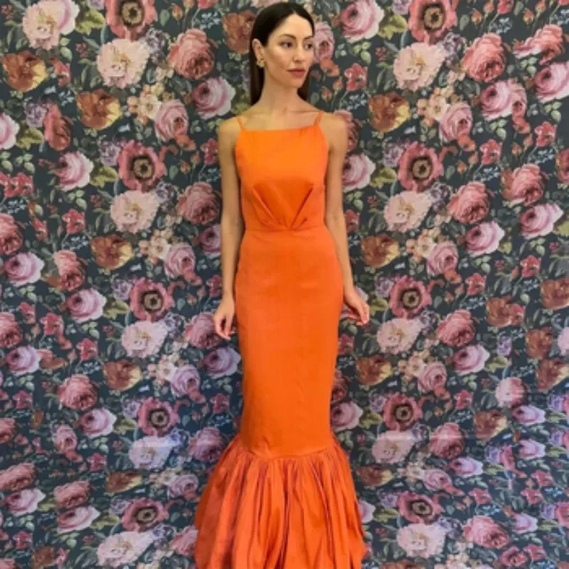 layered dressOrange Backless Mermaid Prom Dresses Button Ruffle Floor-Length Sleeveless Elegant Party Dresses For Women Cocktail