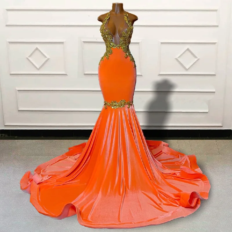 fitted dressGold Lace Orange Mermaid Long Prom Dresses for Graduation Party Sexy Sheer Mesh Backless Women Custom Formal Evening Gown