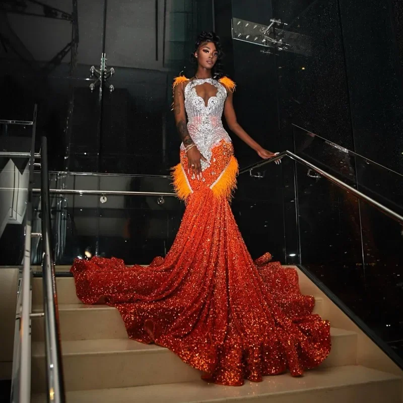 sleek dressLuxury Orange Prom Dresses For Black Girls Feathers Rhinestone Sequin Mermaid Party Gowns Afrcian Women Crystal Evening Dress