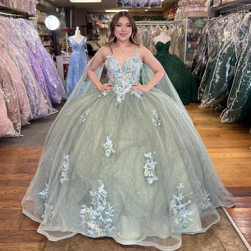 casual evening dressGreen Shiny Spaghetti Strap Quinceanera Dress 2024 Appliques Sequined Lace Tull With Cape Vestido De 15 Quinceañeras