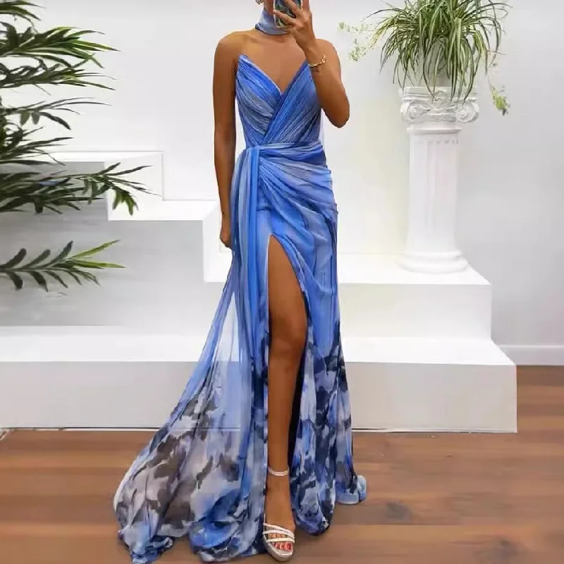 party-ready dressSummer Fashion Sleeveless Elegant Slit Print Dress