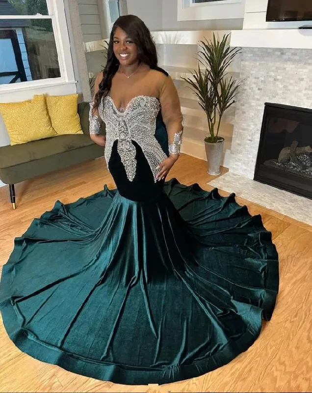 A-line dressHunter Green Velvet African Prom Dress for Women Big Size Crystal Applique Black Girl Birthday Gown فستان حفلات الزفاف