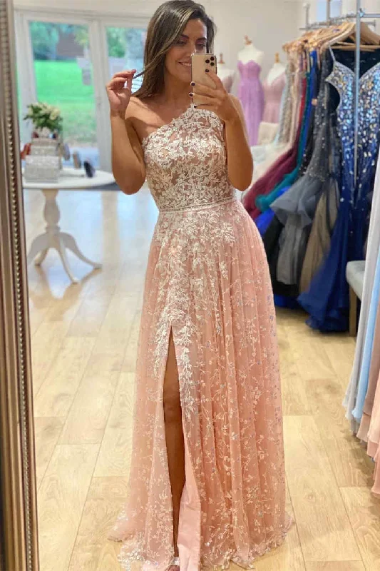 office dressOne Shoulder Appliqued Pink Prom Dress with Slit