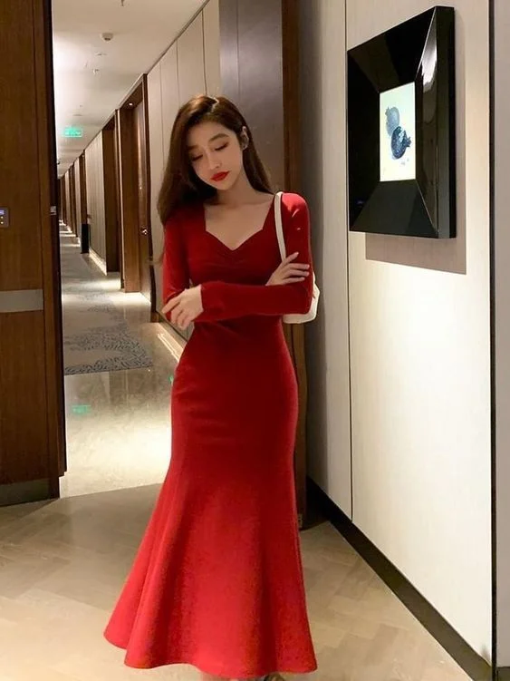 long sleeve dressRed Long Sleeves Mermaid Evening Dresses Prom Gown Party Gowns Y5618