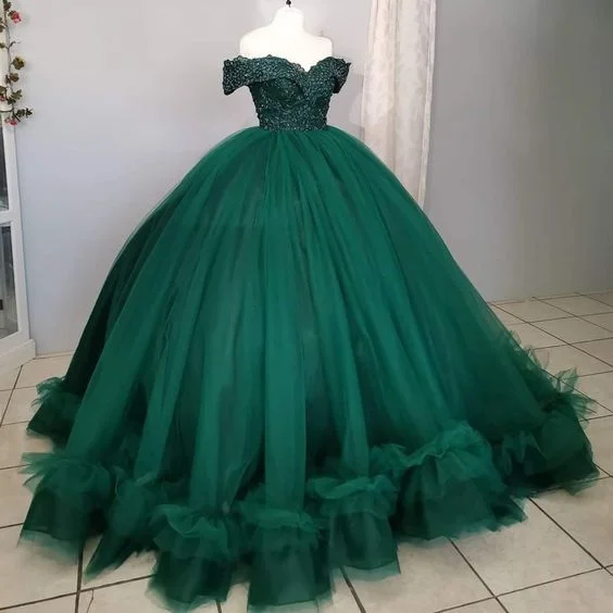 one-shoulder dressOff The Shoulder Green Ball Gown,Green Sweet 16 Dress Y7145