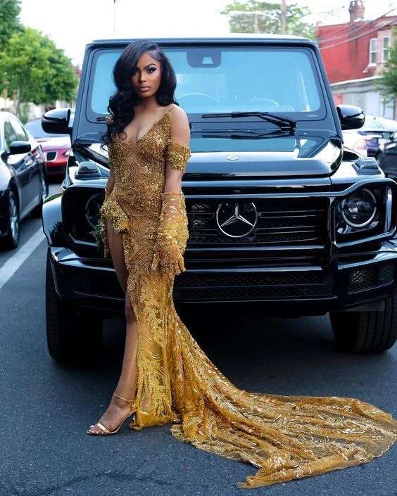 summer floral dressMermaid Gold Sequin Long Black Girl Prom Dress Slit Formal Dress