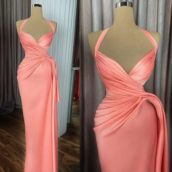 A-line dressPeach Prom Dress,Pleats Prom Dress,Halter Prom Dress,Satin Evening Dress Y6619