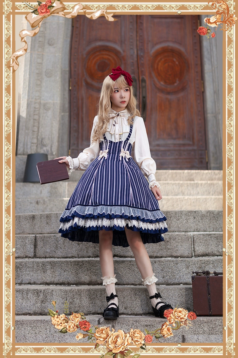 casual shift dress(Buy for me) Infanta~Elegant Lolita Stripe High-waist Jumper Dress Set and Cape