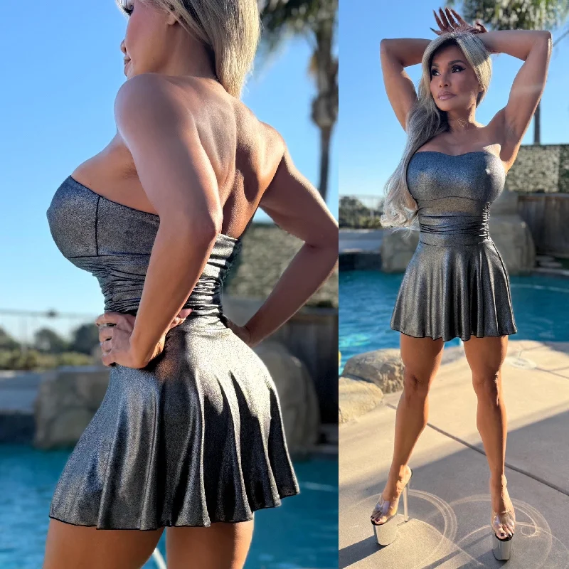 flowy dressConnie's "Metallic Gunmetal STRAPLESS MARILYN Mini" Double Fabric Support and Smoothing ...Made in the USA