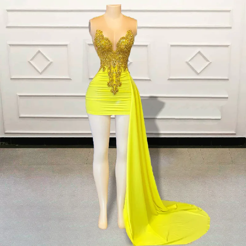 casual summer dressGlitter Beaded Crystal Diamond Short Prom Dresses Yellow Sleeveless Sexy Black Girls Mini Cocktail Gowns for Birthday Party