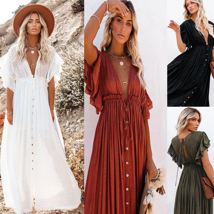 minimalistic dressSolid Color Beach Cover-up Slubbed Fabric Button Waist Strap Long Dress Sun Protection Shirt