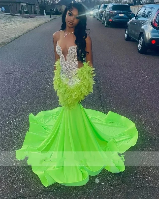 relaxed fit dressSparkly Lime Green Prom Dress For Black Girls Sheer Mesh Glitter Bead Crystal Rhinestone Feathers Wedding Gown Birthday Party