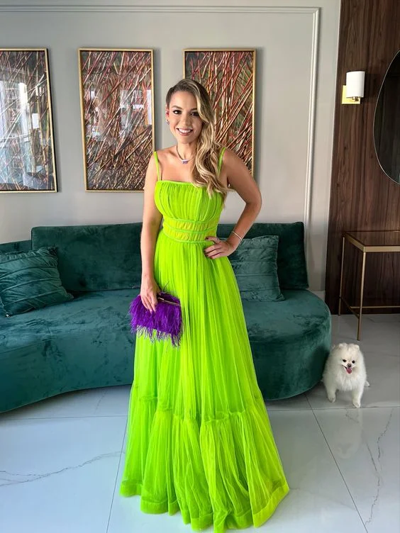 boho-chic dressGreen A-line Spaghetti Straps Tulle Prom Dress,Green Evening Dress  Y5595