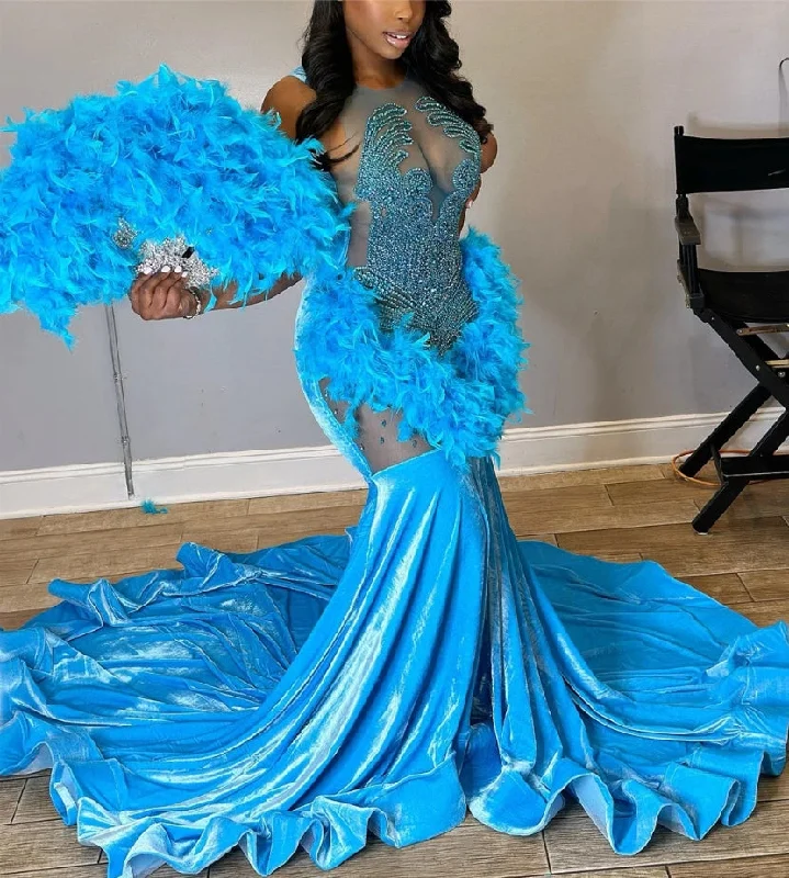 trendy wrap dressLegend Blue Velvet Feathers Mermaid Golden Crystal Beading Prom Dresses Luxury Designer Party Black Girls Bespoke robe de bal