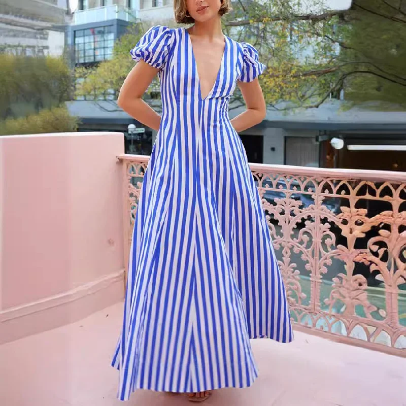 luxury dressWomen's Fashion Striped Puff Sleeve Dress