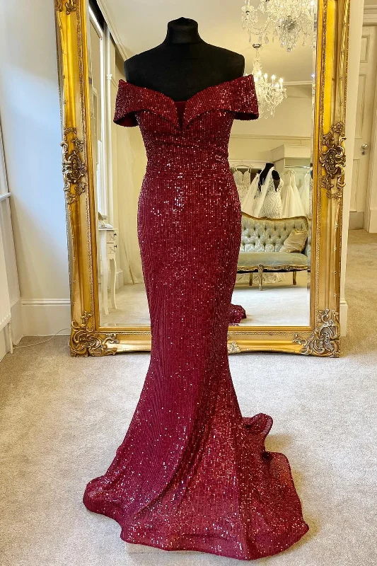 casual shift dressOff the Shoulder Burgundy Sequins Mermaid Long Formal Dress