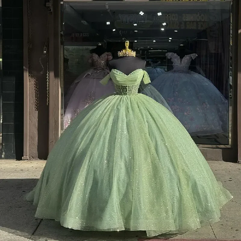 t-shirt dressSage Green Luxury Quinceanera Dresses Off The Shoulder Green Ball Gown Prom Dress Vestidos De 15 Anos Quinceaneras