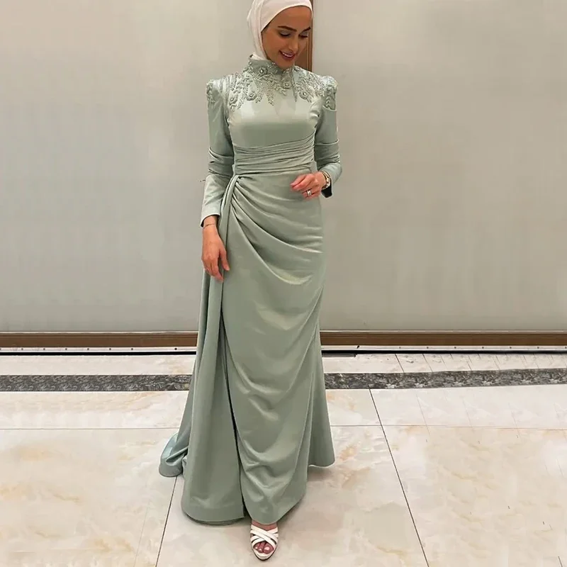 lace dressSage Muslim Mermaid Evening Dresses for Women High Collar Long Sleeve Overskirt Appliques Beading Hijabi Formal Occasion Dress