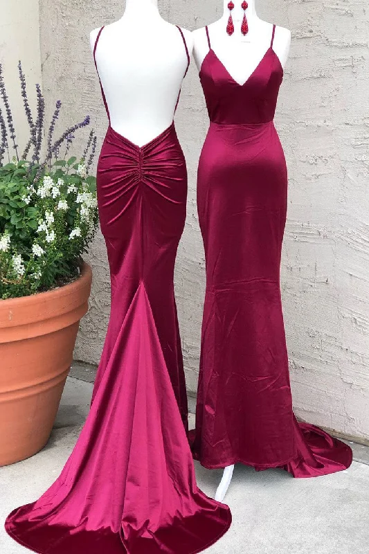 midi dressElegant Wine Red Mermaid Long Prom Dress with Train