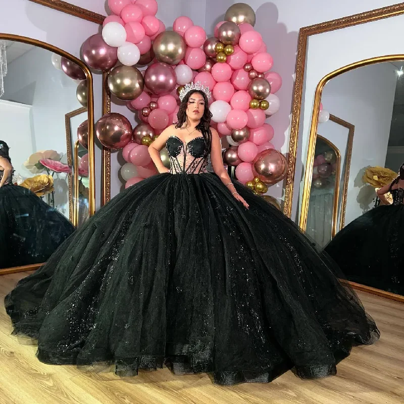 relaxed fit dressSparkly Black Quincenara Dresses Sweetheart 2024 Appliqued Beads Sweet 16 Prom Gowns Pageant Dress Vestido XV Años