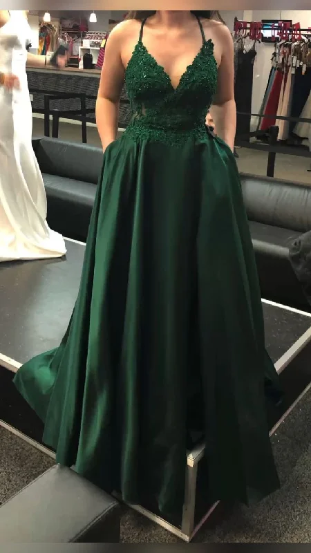 layered dressDark Green V Neck A-line Evening Dress With Pockets Y5738