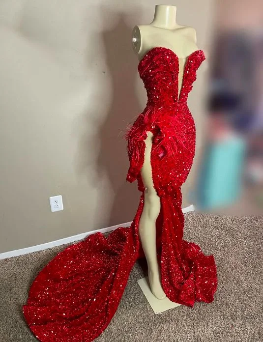 comfy dressSparkly Sequined Red Sweetheart Long Prom Dress For Black Girls Feathers Birthday Party Gowns High Slit Evening Gown Y6599