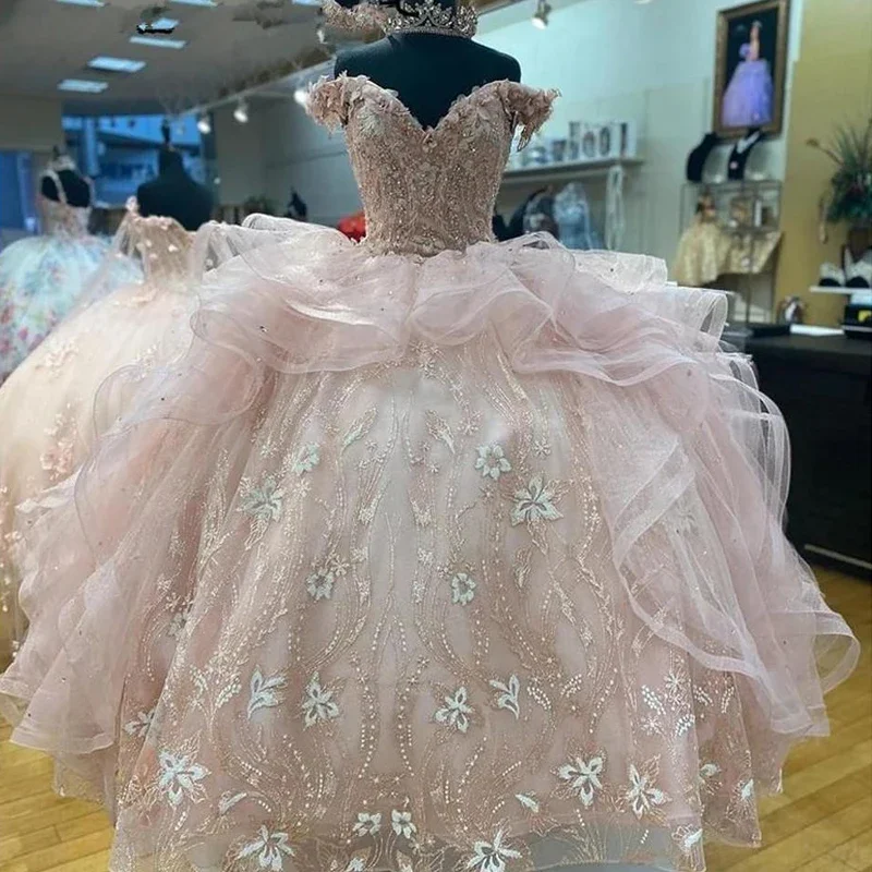 vintage dressLight Pink Princess Quinceanera Dress Off Shoulder Appliques Sequins Flowers Party Sweet 16 Gown