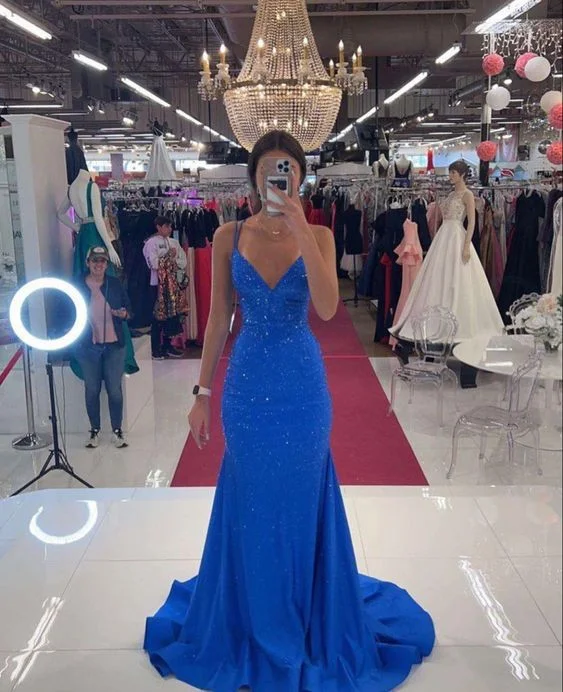 cocktail party dressMermaid Deep V Neck Royal Blue Long Prom Dress with Beading Y6919