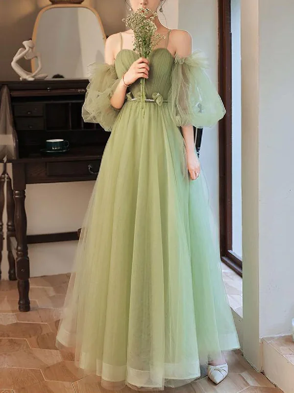 formal dressSimple A line Green Long Prom Dress, Green Tulle Bridesmaid Dress Y6986