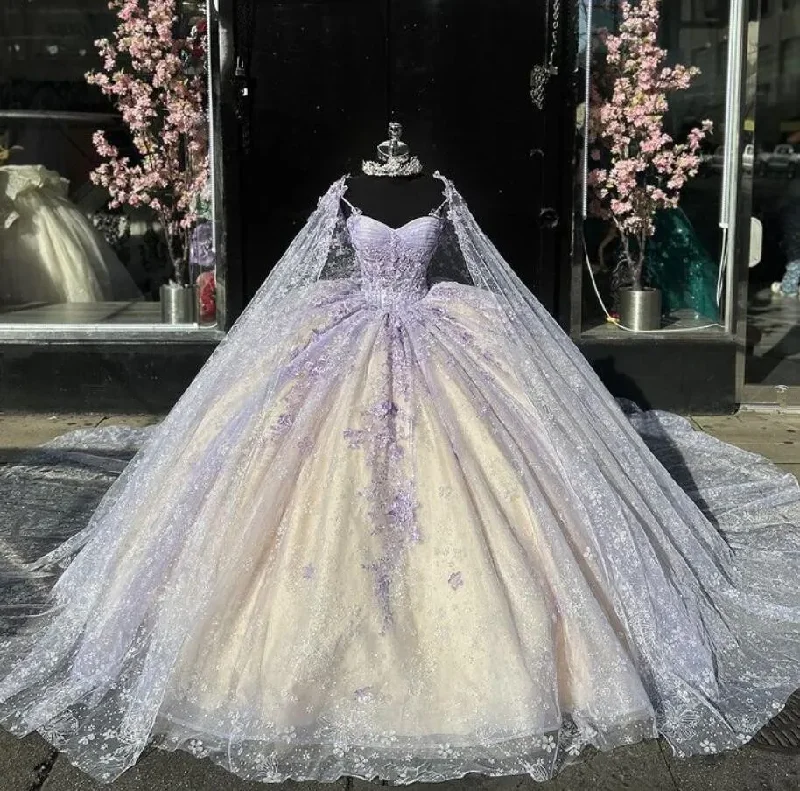 flowy evening dressLight Purple Mexican Quinceanera Dressess with Cape Luxury Butterfly Applique vestido 15 quinceañeras Corset Prom Lace Up