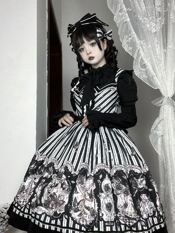 off-shoulder dress(Buyforme)Little Bear~Gothic Lolita Black and White Striped JSK Set