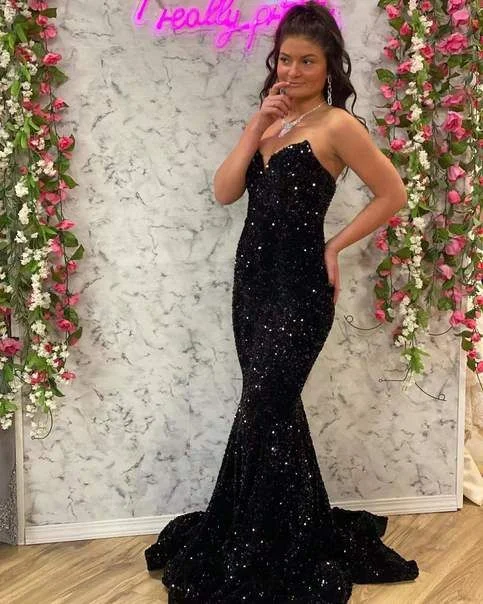 floral wrap dressMermaid Sweetheart Black Sequins Long Prom Dress