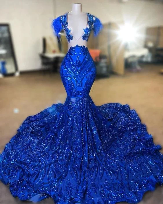 flowy evening dressFeather Modest Evening Dress Elegant Royal Blue Sparkly Mermaid Prom Gown Y6657