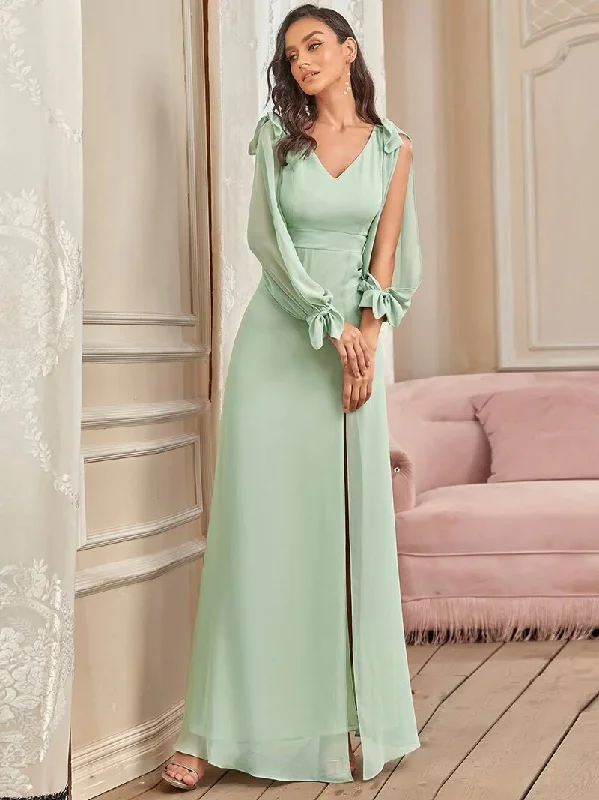 v-neck dressBerriesJam - Long A-LINE V-Neck Full Sleeves Chiffon Bridesmaid Dress