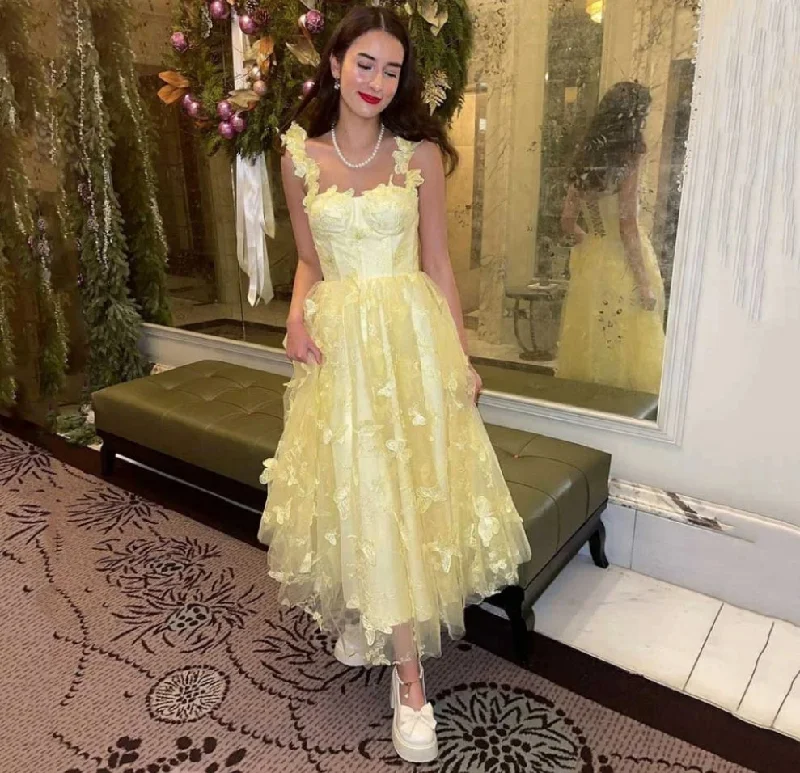 sleeveless dressYellow Prom Dresses Fairy Spaghetti Strap 3D Butterfly Tea Length Party Dress For Women Lace Up Back Evening Gowns