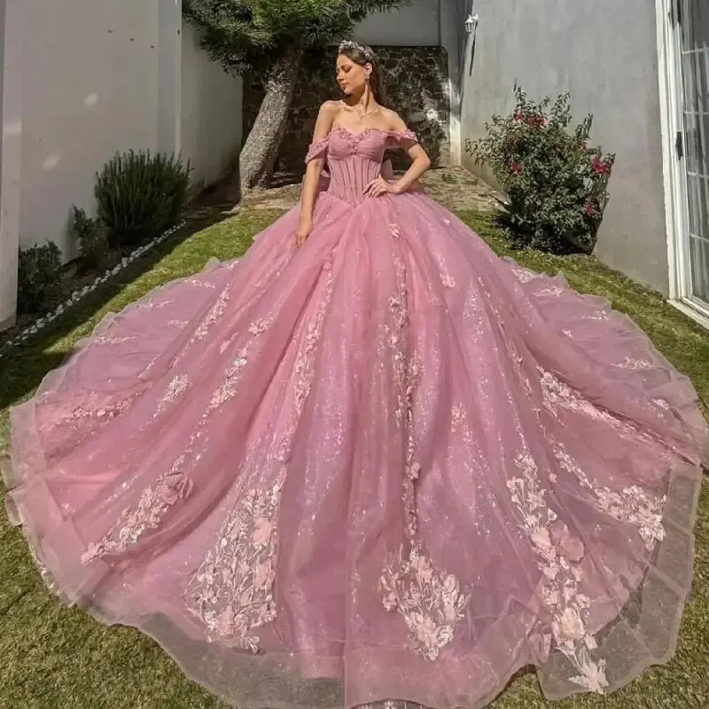 puff sleeve dressPink Long Train Quinceanera Dress 2024 Off Shoulder Birthday Party Ball Gown Sweet 15 16 Vestidos De 15 Años Quinceañeras Miss