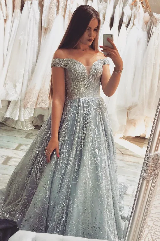 lace-up dressGorgeous Off the Shoulder Silver Beaded Long Prom Dress