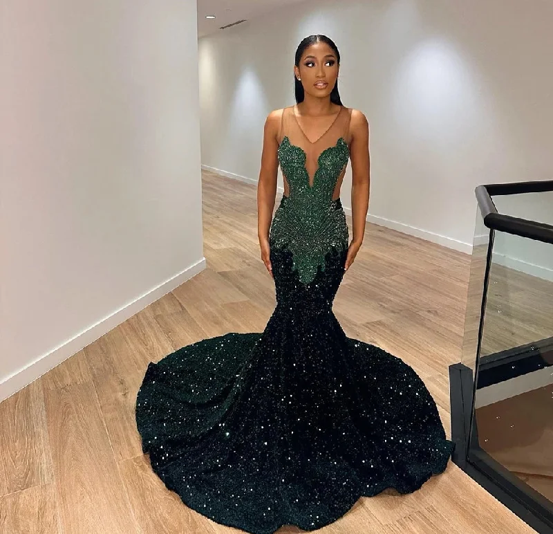 relaxed fit dressDark Green Crystal Beading Sequin Prom Dresses 2024 Luxury Gowns Mermaid Dress For Party Wedding Evening Backless Formal Gowns