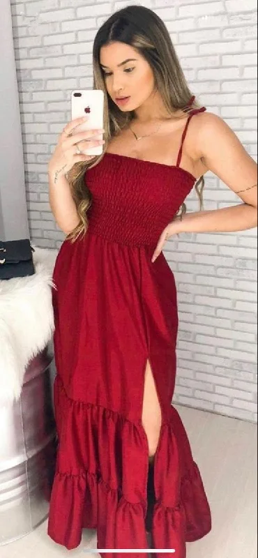 chic shift dressSimple Burgundy A-line Prom Dress,Summer Maxi Dress  Y7127